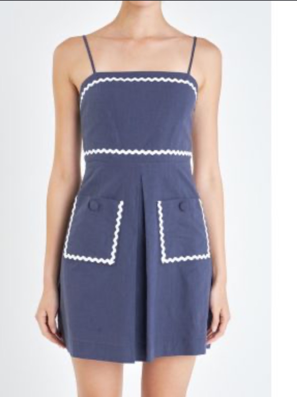 English Factory Smocked Waist Navy Mini Dress with White Ric Rac detail